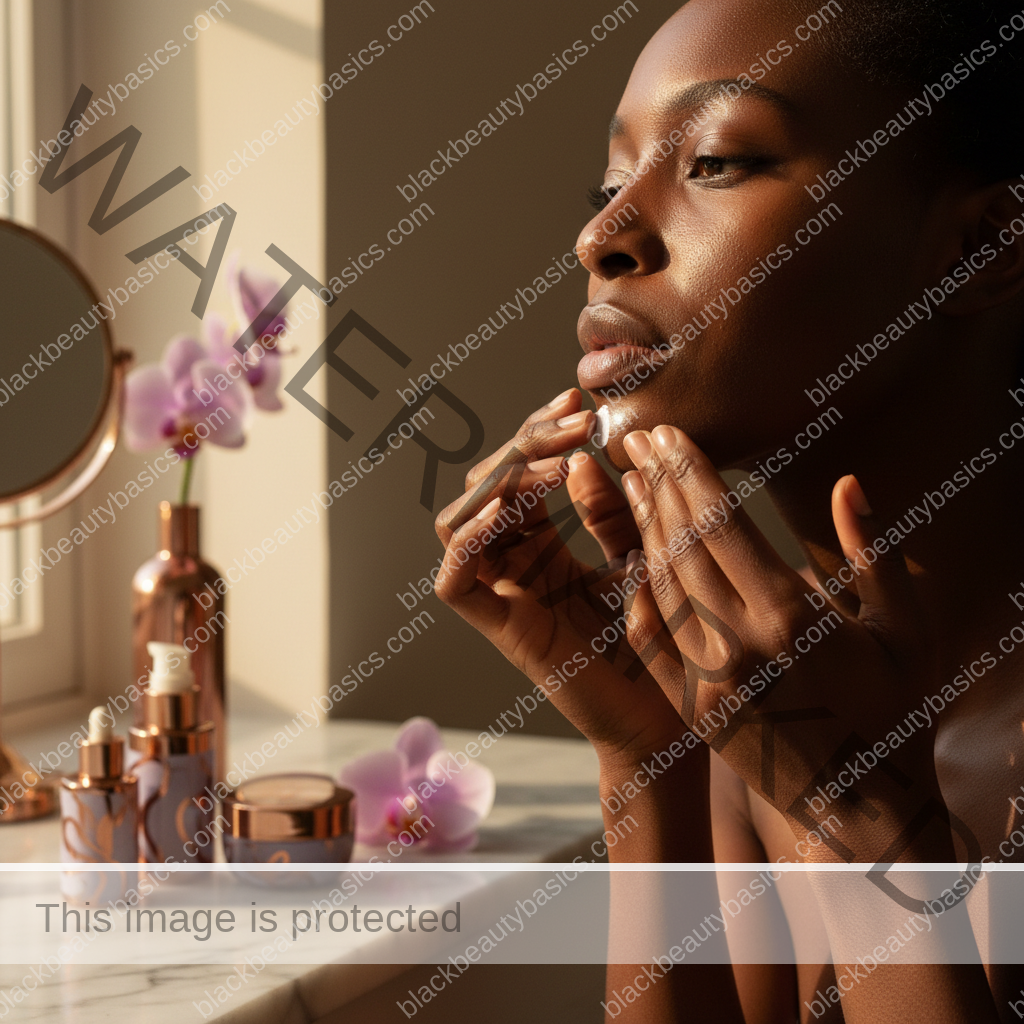 Black woman applying a gentle acne routine step for Sulfur Products for Acne-Prone Dark Skin: When They Help