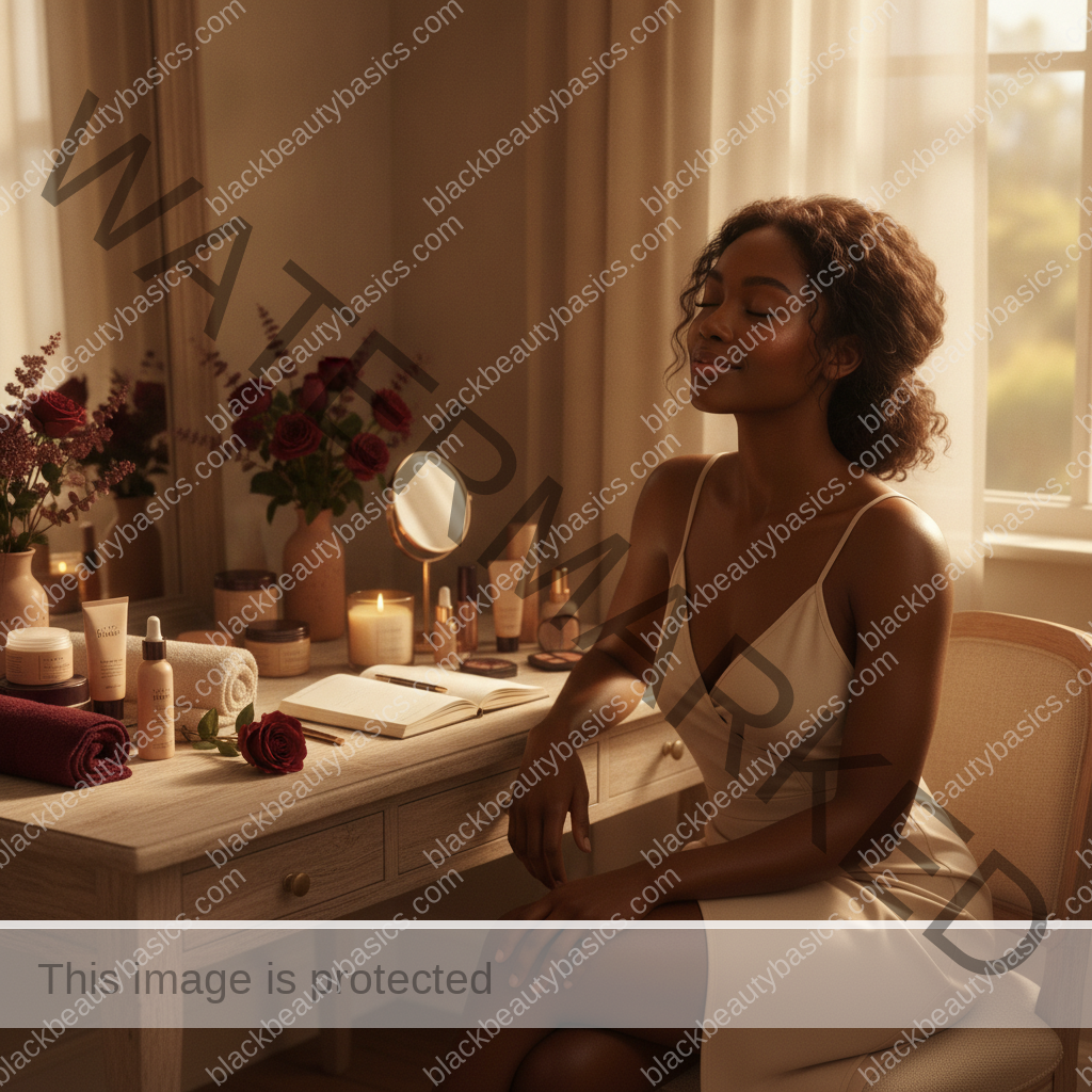 Melanin-rich Black woman with rich brown skin relaxed after a calm beauty ritual