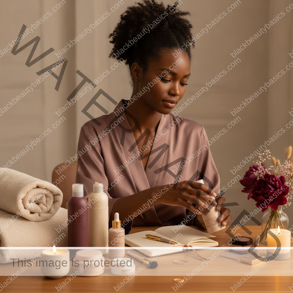 Melanin-rich Black woman with rich brown skin arranging beauty products in a realistic ritual setting