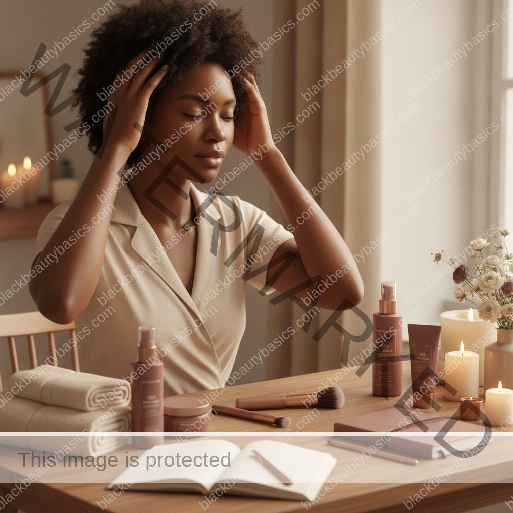 Melanin-rich Black woman with rich brown skin in a calm self-care ritual moment