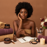 Melanin-rich Black woman with rich brown skin in a warm editorial beauty ritual moment for Sunday Reset Beauty Rituals for Black Women