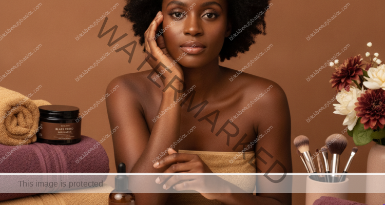 Melanin-rich Black woman with rich brown skin in a warm editorial beauty ritual moment for Sunday Reset Beauty Rituals for Black Women