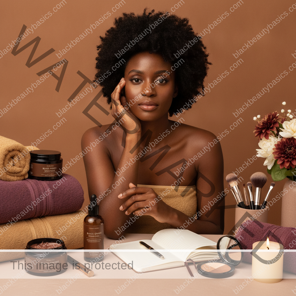 Melanin-rich Black woman with rich brown skin in a warm editorial beauty ritual moment for Sunday Reset Beauty Rituals for Black Women