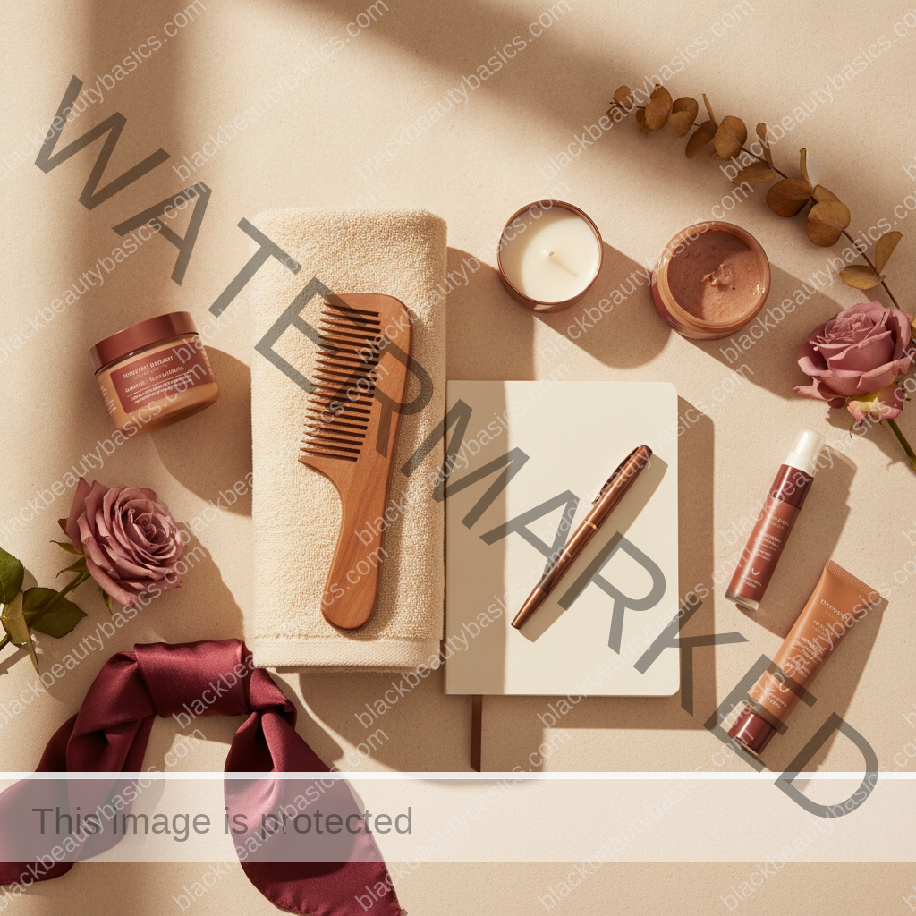Clean self-care and beauty ritual flat lay for Sunday Reset Beauty Rituals for Black Women in ivory plum bronze and soft gold tones