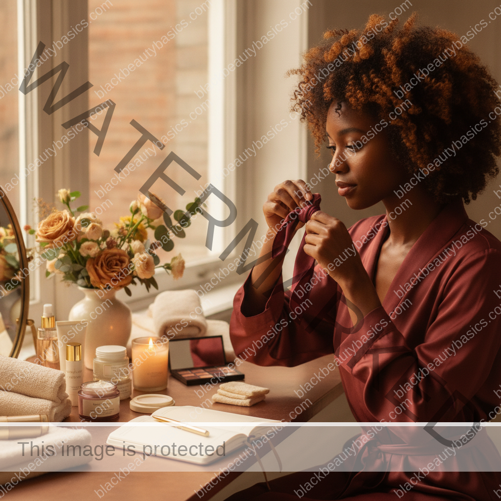 Melanin-rich Black woman with rich brown skin completing a gentle beauty ritual step with natural hands