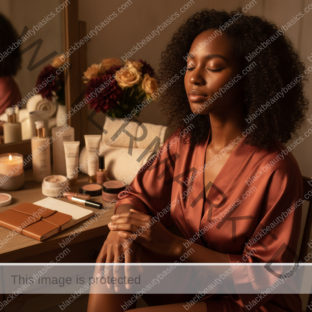 Melanin-rich Black woman with rich brown skin relaxed after a calm beauty ritual