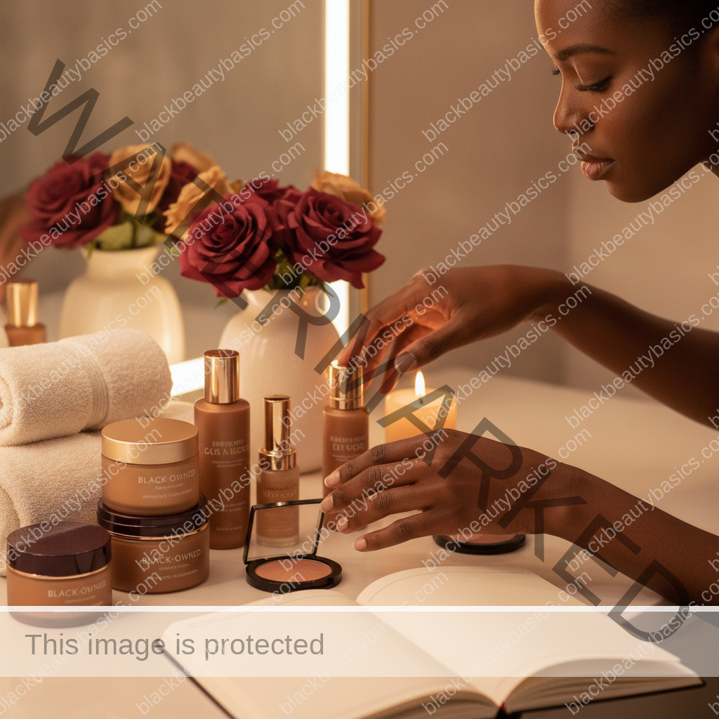 Melanin-rich Black woman with rich brown skin arranging beauty products in a realistic ritual setting