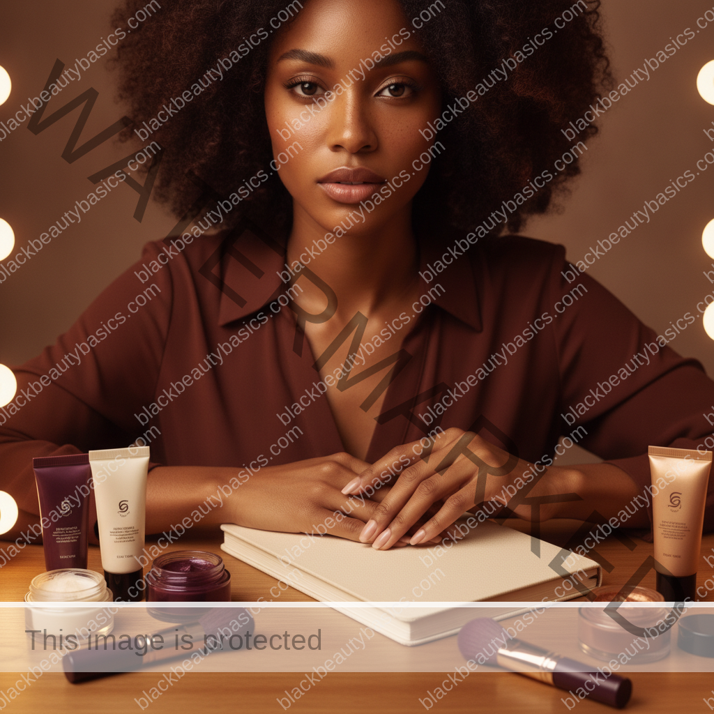 Melanin-rich Black woman arranging beauty products in a calm budget-conscious self-care ritual