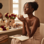 Melanin-rich Black woman with rich brown skin in a warm editorial beauty ritual moment for How to Support Black-Owned Beauty Brands Without Overspending