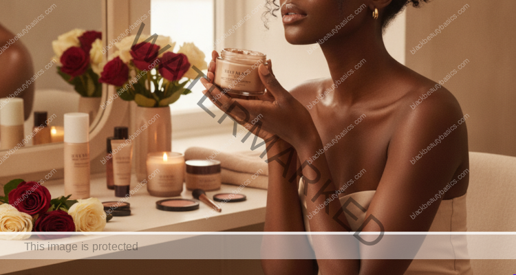 Melanin-rich Black woman with rich brown skin in a warm editorial beauty ritual moment for How to Support Black-Owned Beauty Brands Without Overspending
