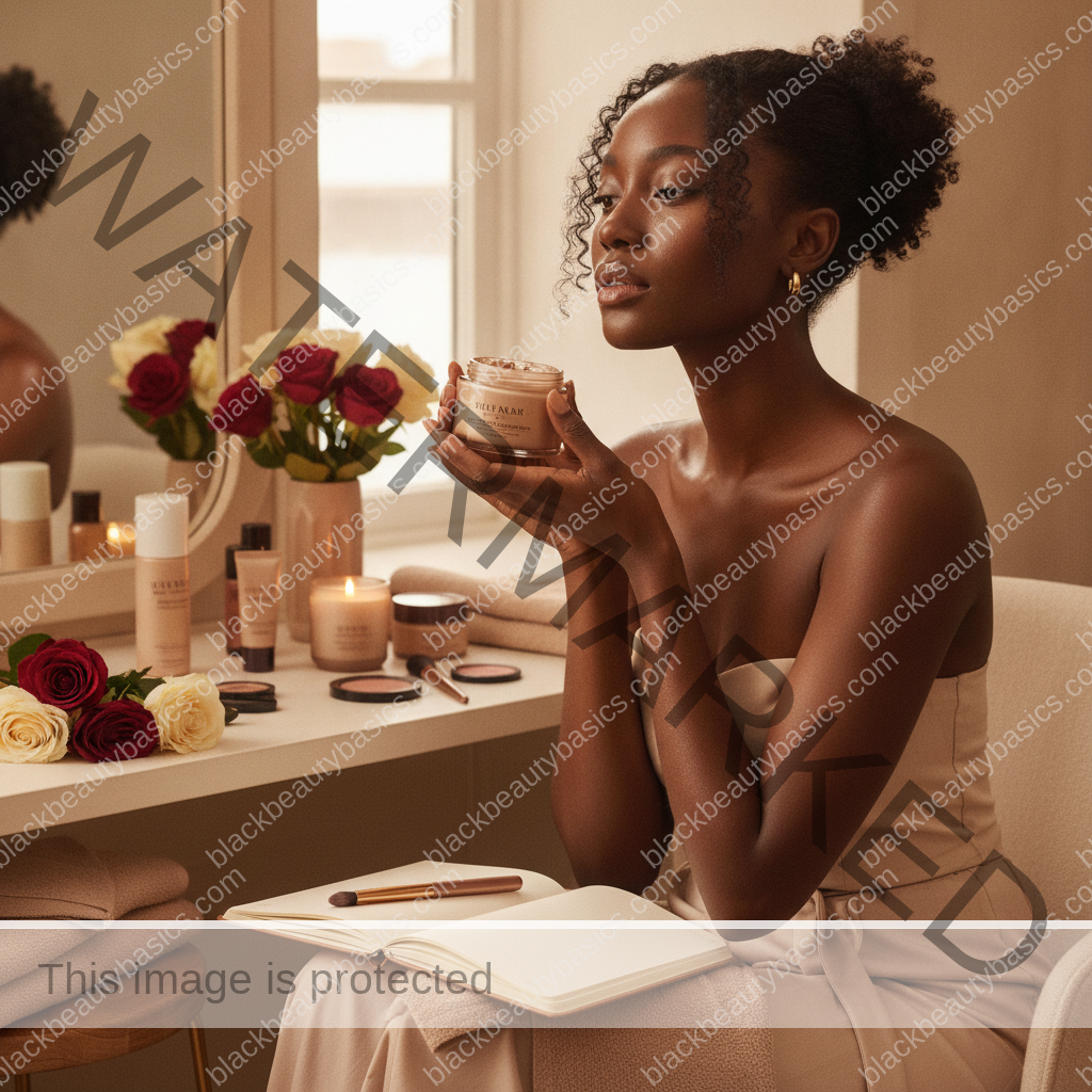 Melanin-rich Black woman with rich brown skin in a warm editorial beauty ritual moment for How to Support Black-Owned Beauty Brands Without Overspending