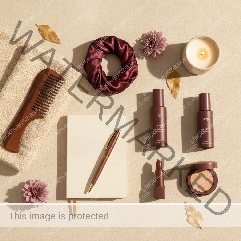 Clean self-care and beauty ritual flat lay for How to Support Black-Owned Beauty Brands Without Overspending in ivory plum bronze and soft gold tones