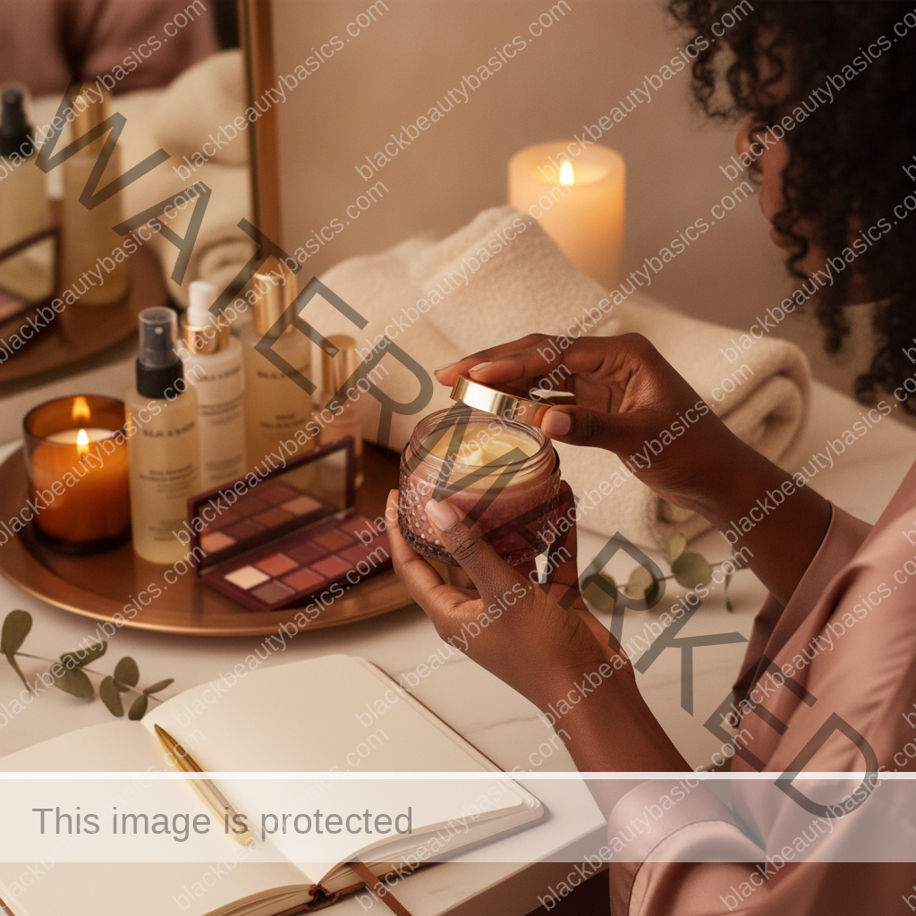 Melanin-rich Black woman with rich brown skin completing a gentle beauty ritual step with natural hands