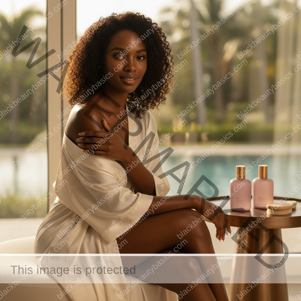 Melanin-rich Black woman with rich brown skin relaxed after a gentle body care routine