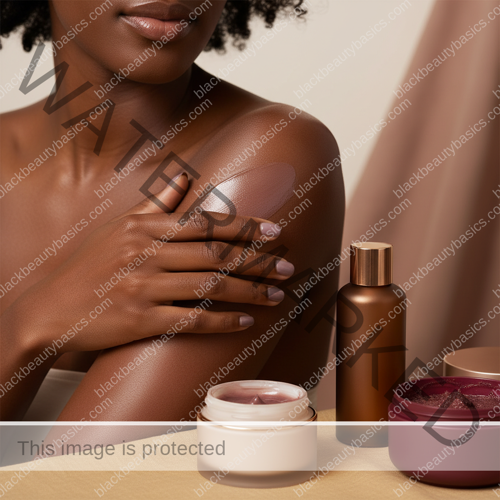 Realistic rich brown skin texture in a respectful body care detail for Swimsuit-Season Body Care for Black Women Without Over-Stripping Skin