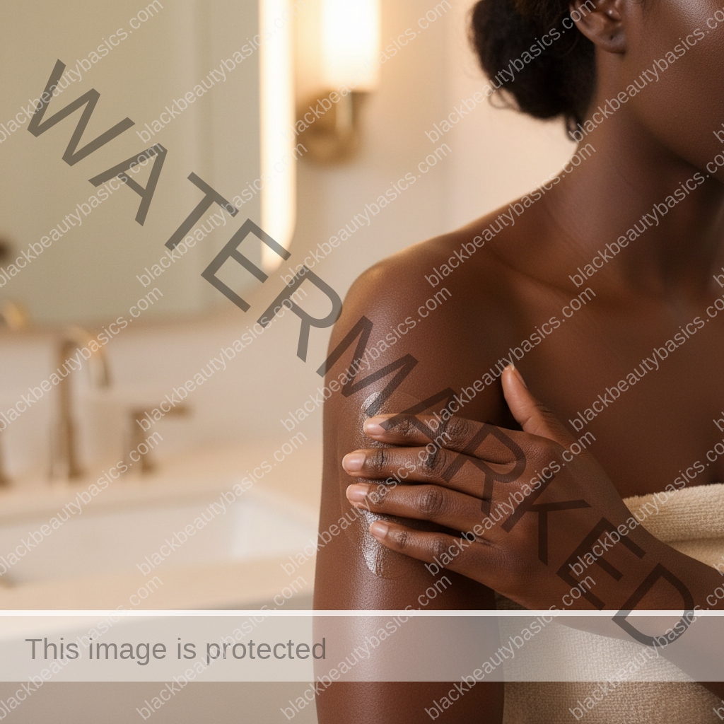 Melanin-rich Black woman with rich brown skin in a soft reassuring body care scene
