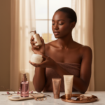 Melanin-rich Black woman with rich brown skin in a warm editorial body care moment for Swimsuit-Season Body Care for Black Women Without Over-Stripping Skin