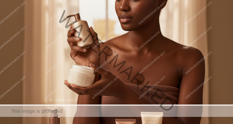 Melanin-rich Black woman with rich brown skin in a warm editorial body care moment for Swimsuit-Season Body Care for Black Women Without Over-Stripping Skin