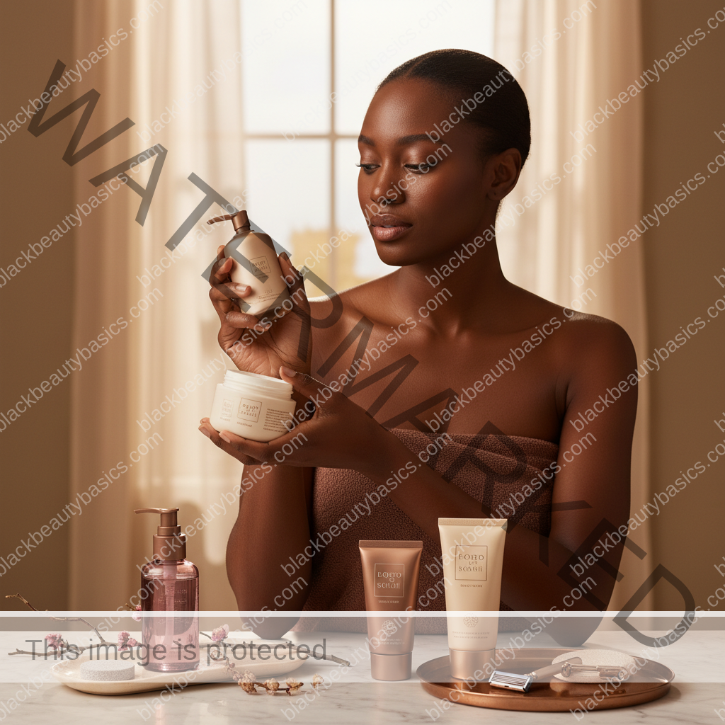 Melanin-rich Black woman with rich brown skin in a warm editorial body care moment for Swimsuit-Season Body Care for Black Women Without Over-Stripping Skin