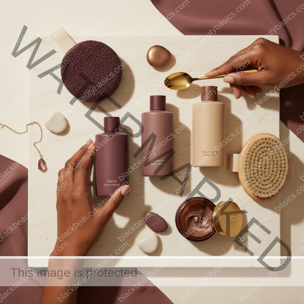 Body care essentials for Swimsuit-Season Body Care for Black Women Without Over-Stripping Skin in ivory plum bronze and soft gold tones