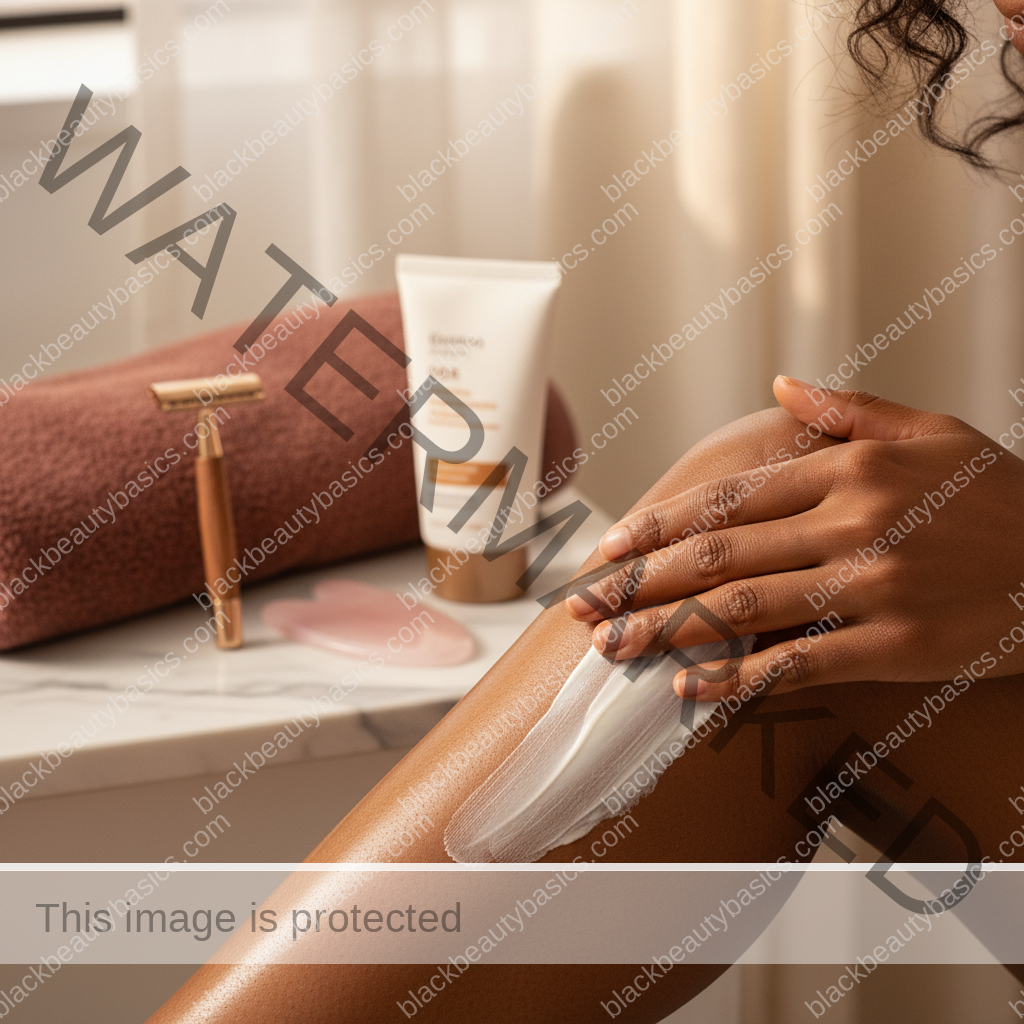 Melanin-rich Black woman with rich brown skin using a practical body care step with natural hands and correct anatomy