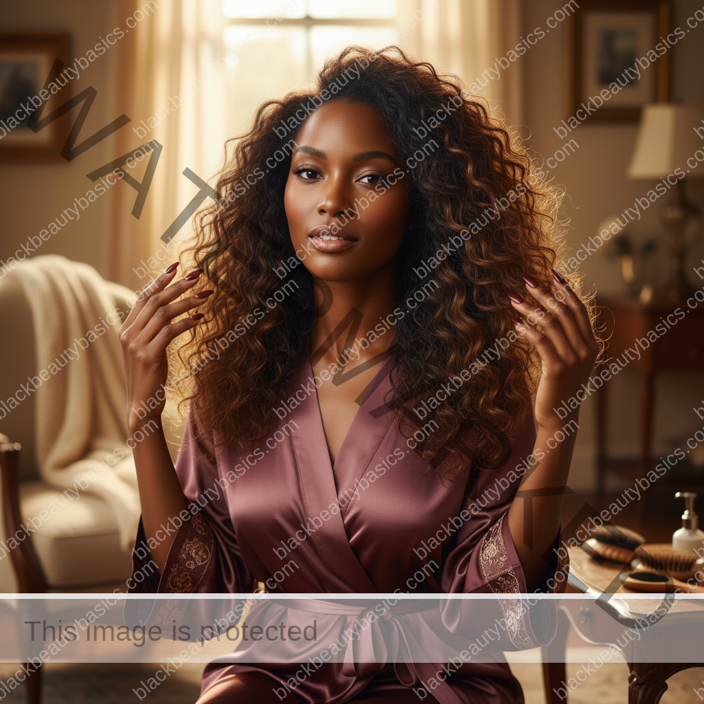 Melanin-rich Black woman with rich brown skin and textured hair relaxed after a gentle natural-hair routine