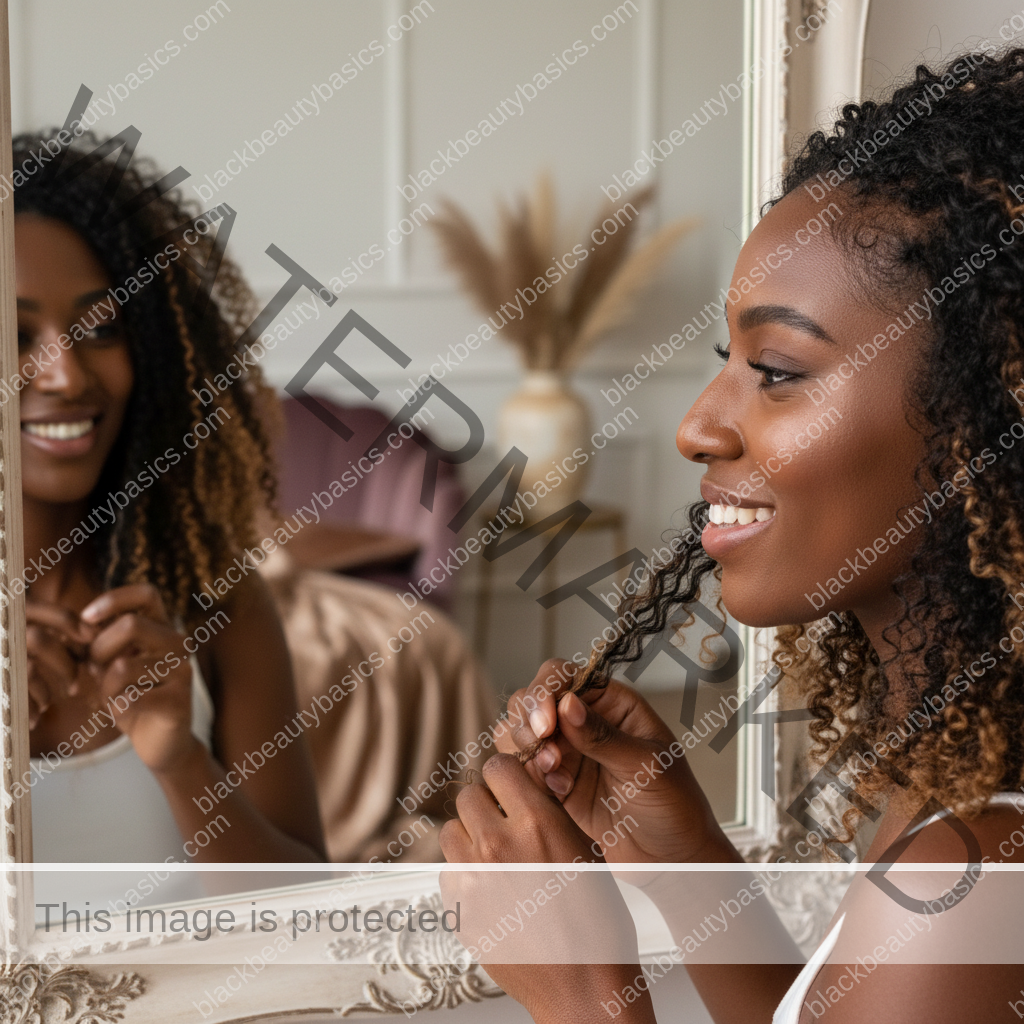 Melanin-rich Black woman with rich brown skin and textured hair in a calm mirror moment with natural hair