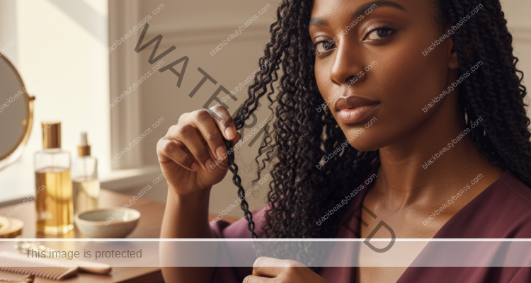 Melanin-rich Black woman with rich brown skin and textured hair in a warm editorial natural-hair routine moment for How to Take Down Braids Without Losing Length