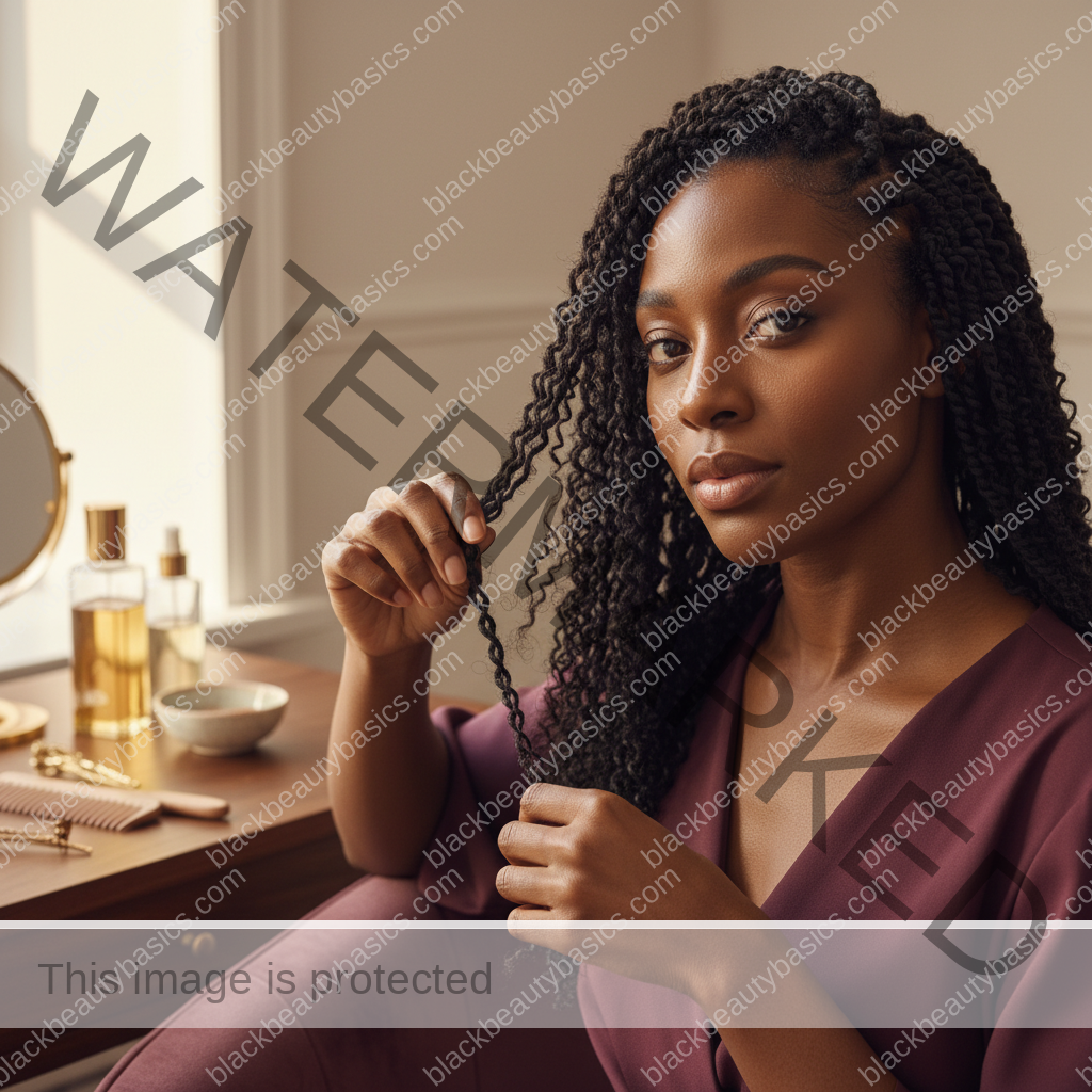 Melanin-rich Black woman with rich brown skin and textured hair in a warm editorial natural-hair routine moment for How to Take Down Braids Without Losing Length