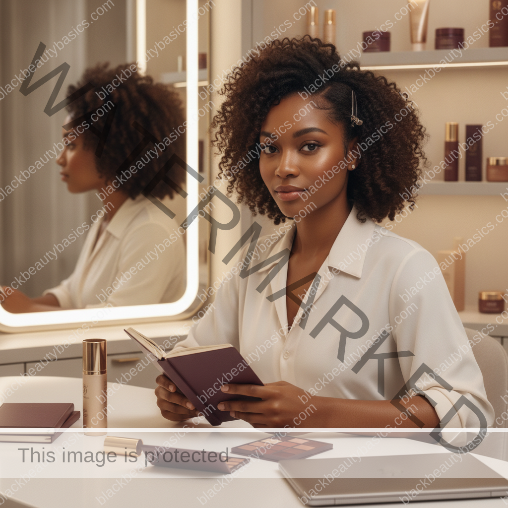 Melanin-rich Black woman with rich brown skin in a calm reflective beauty moment