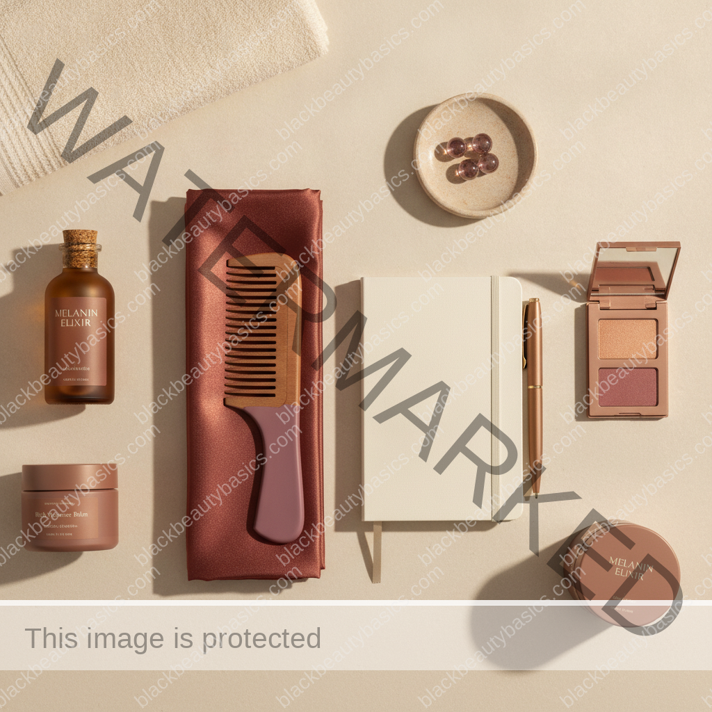 Clean intentional beauty flat lay for Texturism and “Polished” Hair Expectations in Office Culture in ivory plum bronze and soft gold tones