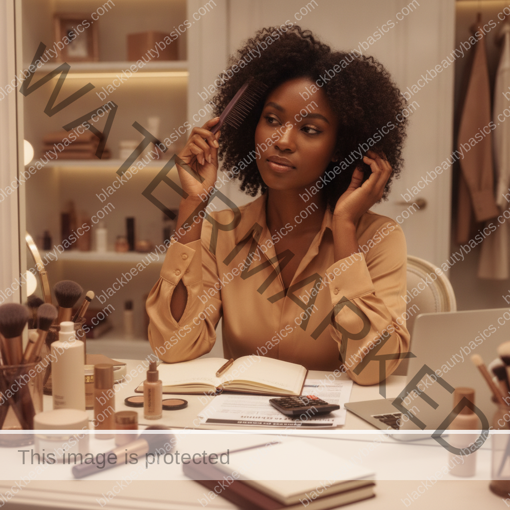 Melanin-rich Black woman with rich brown skin completing an intentional beauty decision step with natural hands