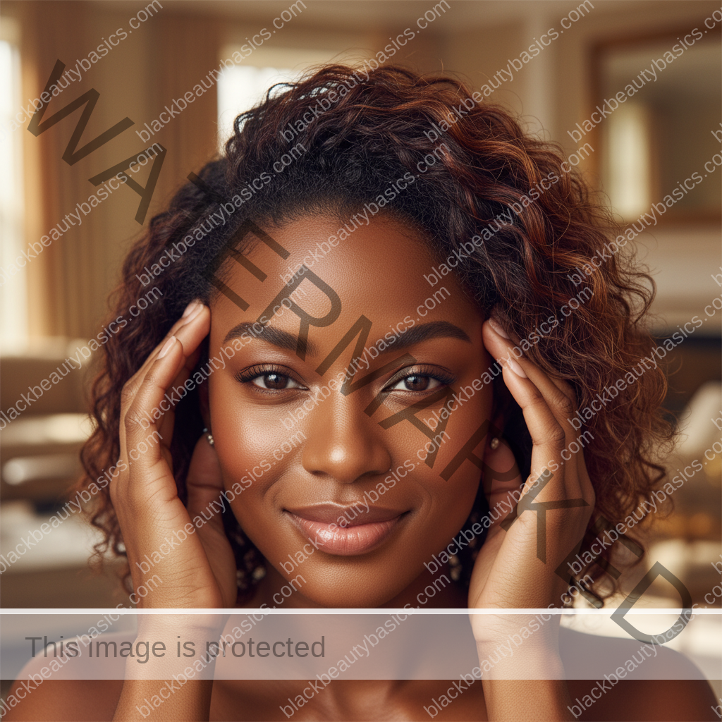 Melanin-rich Black woman with rich brown skin and textured hair relaxed after a gentle scalp-care routine