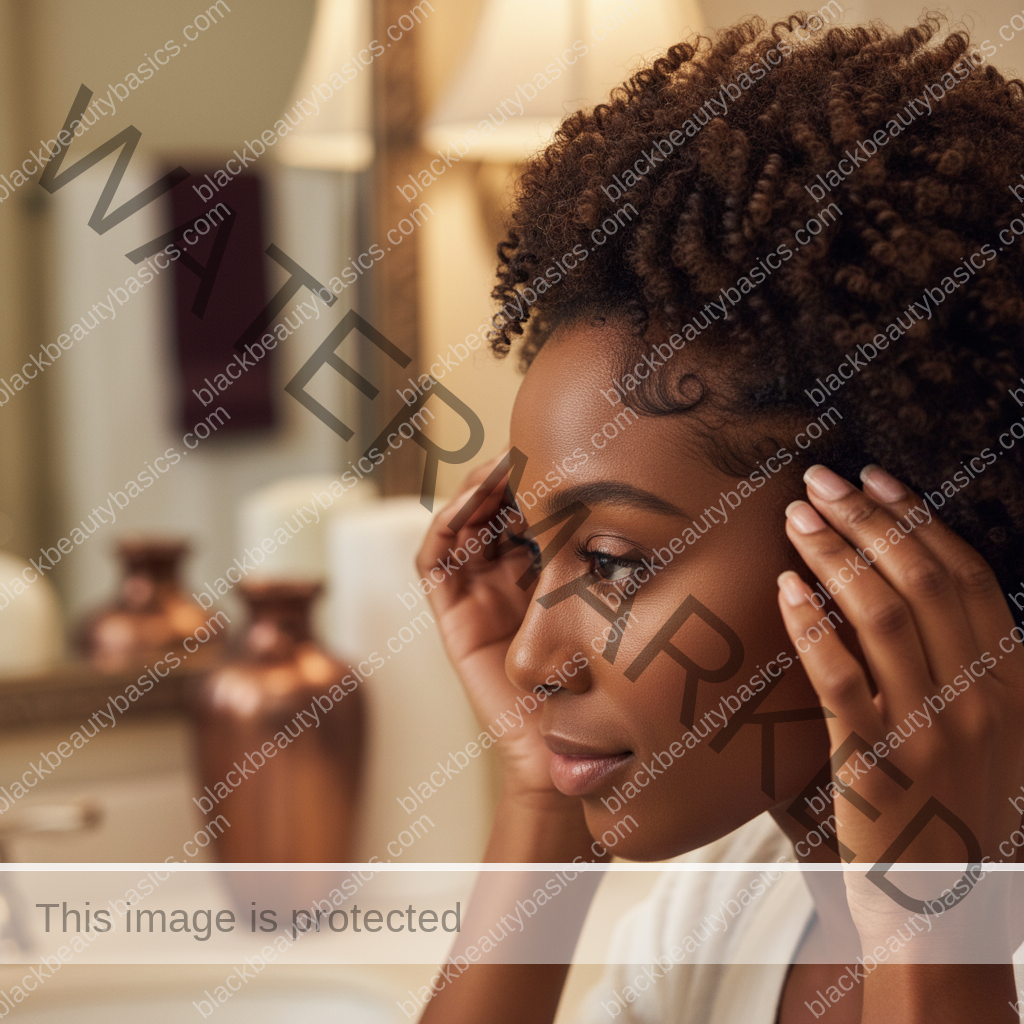 Melanin-rich Black woman with rich brown skin and textured hair gently checking scalp or hairline in a mirror