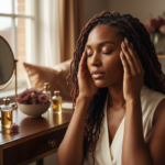 Melanin-rich Black woman with rich brown skin and textured hair in a warm editorial scalp-care moment for Tight Styles and Sore Scalps: When to Take a Style Down
