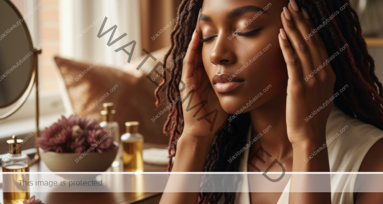 Melanin-rich Black woman with rich brown skin and textured hair in a warm editorial scalp-care moment for Tight Styles and Sore Scalps: When to Take a Style Down