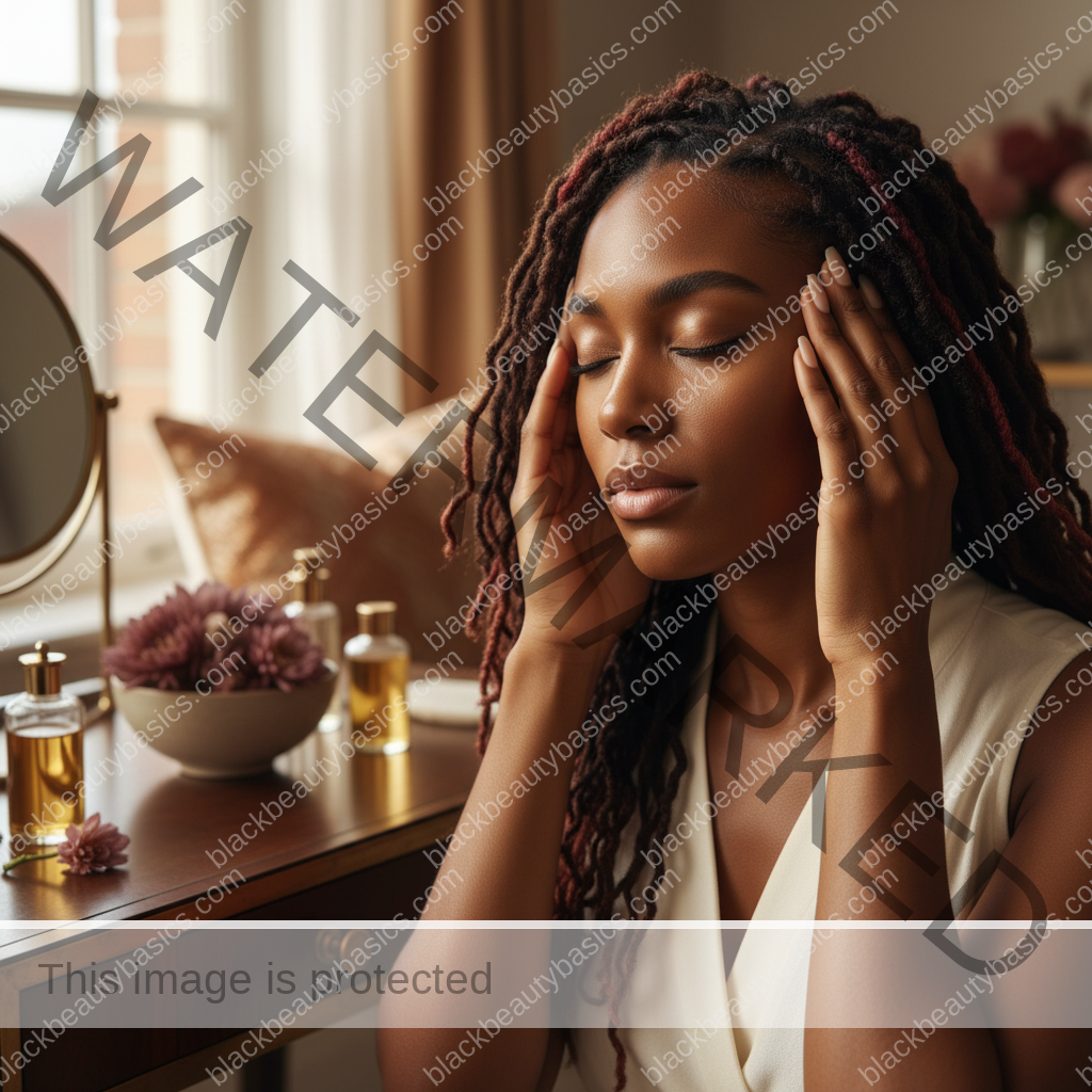 Melanin-rich Black woman with rich brown skin and textured hair in a warm editorial scalp-care moment for Tight Styles and Sore Scalps: When to Take a Style Down