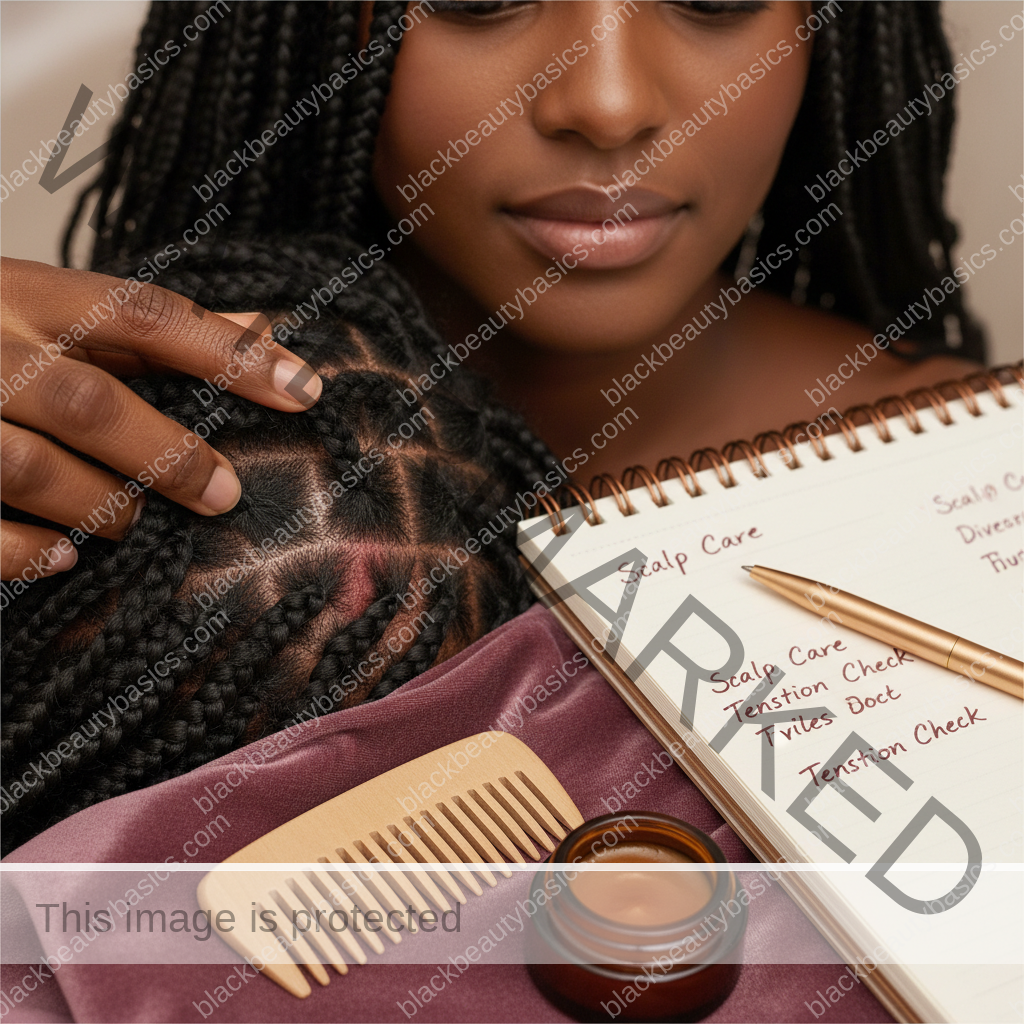 Melanin-rich Black woman with rich brown skin and textured hair using a practical scalp-care step with natural hands and correct anatomy