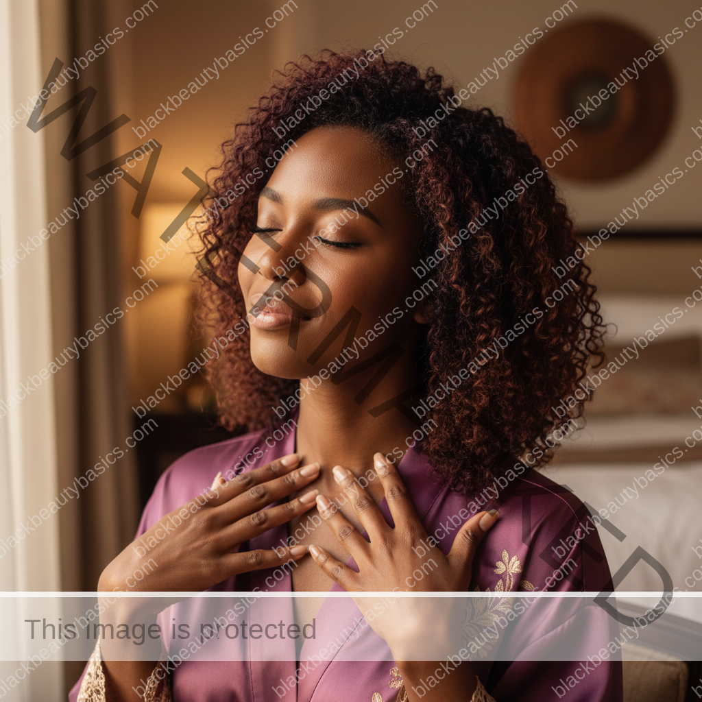 Melanin-rich Black woman with rich brown skin and textured hair relaxed after a gentle natural-hair routine