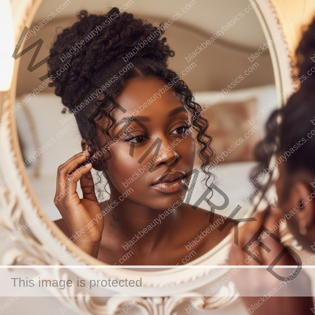 Melanin-rich Black woman with rich brown skin and textured hair in a calm mirror moment with natural hair