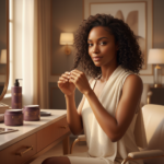 Melanin-rich Black woman with rich brown skin and textured hair in a warm editorial natural-hair routine moment for Travel Hair Routine for Natural Hair and Protective Styles
