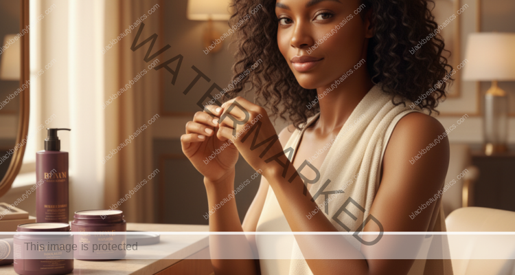 Melanin-rich Black woman with rich brown skin and textured hair in a warm editorial natural-hair routine moment for Travel Hair Routine for Natural Hair and Protective Styles