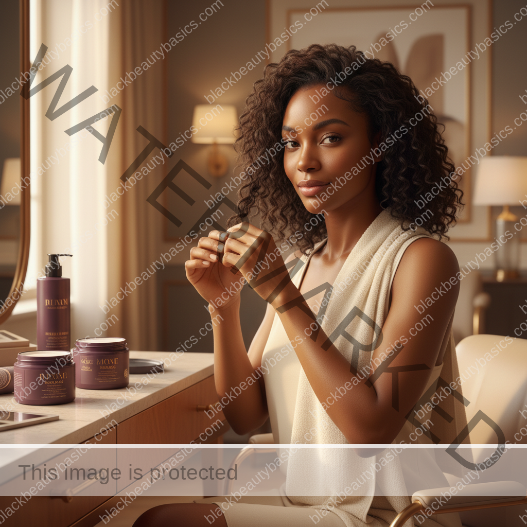 Melanin-rich Black woman with rich brown skin and textured hair in a warm editorial natural-hair routine moment for Travel Hair Routine for Natural Hair and Protective Styles
