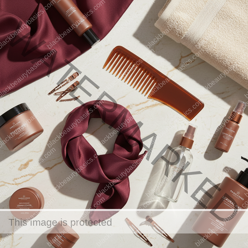 Natural-hair care essentials for Travel Hair Routine for Natural Hair and Protective Styles in ivory plum bronze and soft gold tones