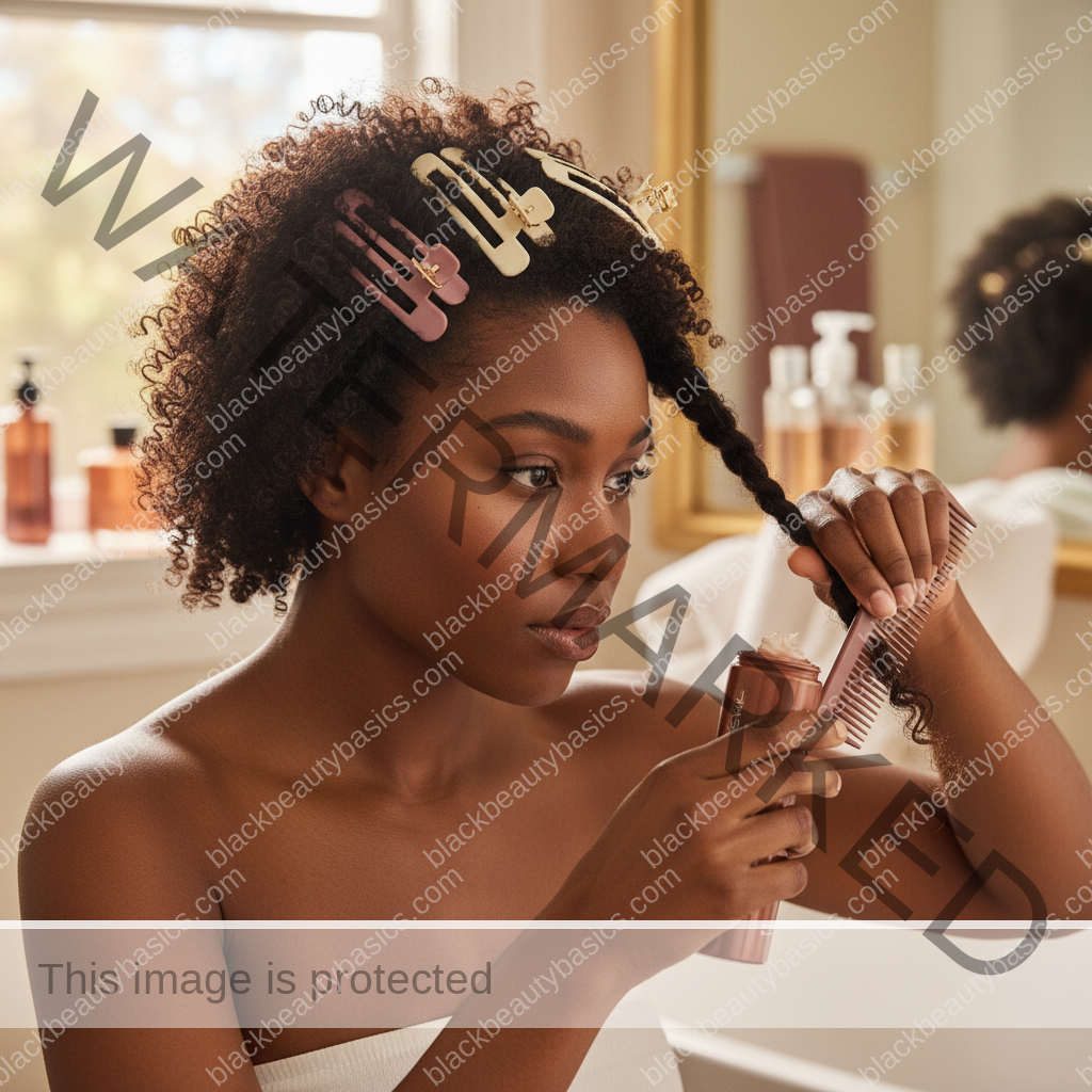 Melanin-rich Black woman with rich brown skin and textured hair using a practical natural-hair care step with natural hands and correct anatomy