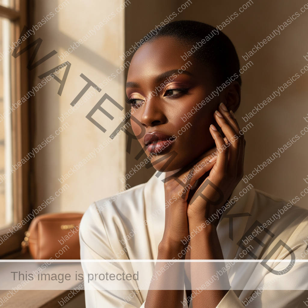 Melanin-rich Black woman with rich brown skin and textured hair relaxed with dimensional makeup for deep skin