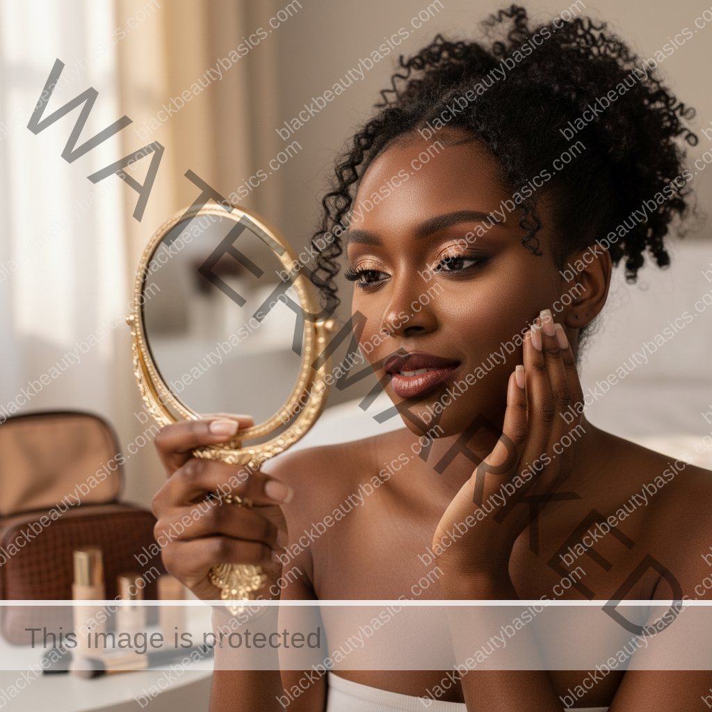 Melanin-rich Black woman with rich brown skin and textured hair in a calm mirror moment checking makeup undertone and finish