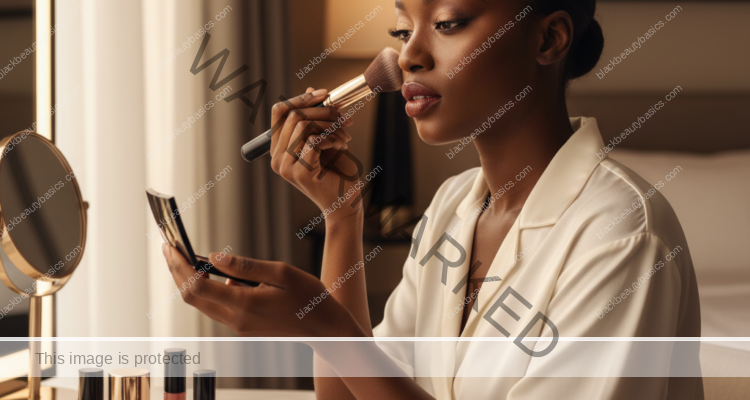 Melanin-rich Black woman with rich brown skin and textured hair in a warm editorial makeup moment for Travel Makeup Bag for Black Women With Deep Skin Tones