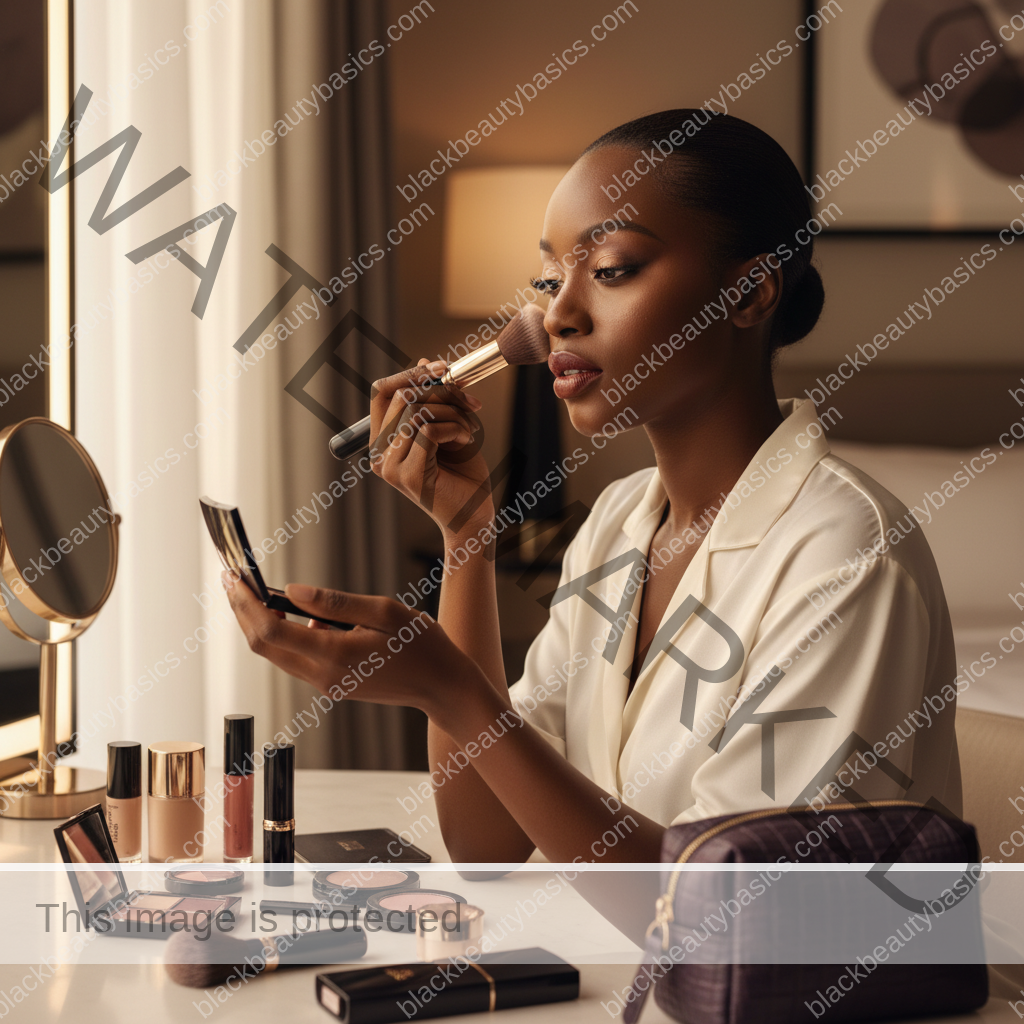 Melanin-rich Black woman with rich brown skin and textured hair in a warm editorial makeup moment for Travel Makeup Bag for Black Women With Deep Skin Tones