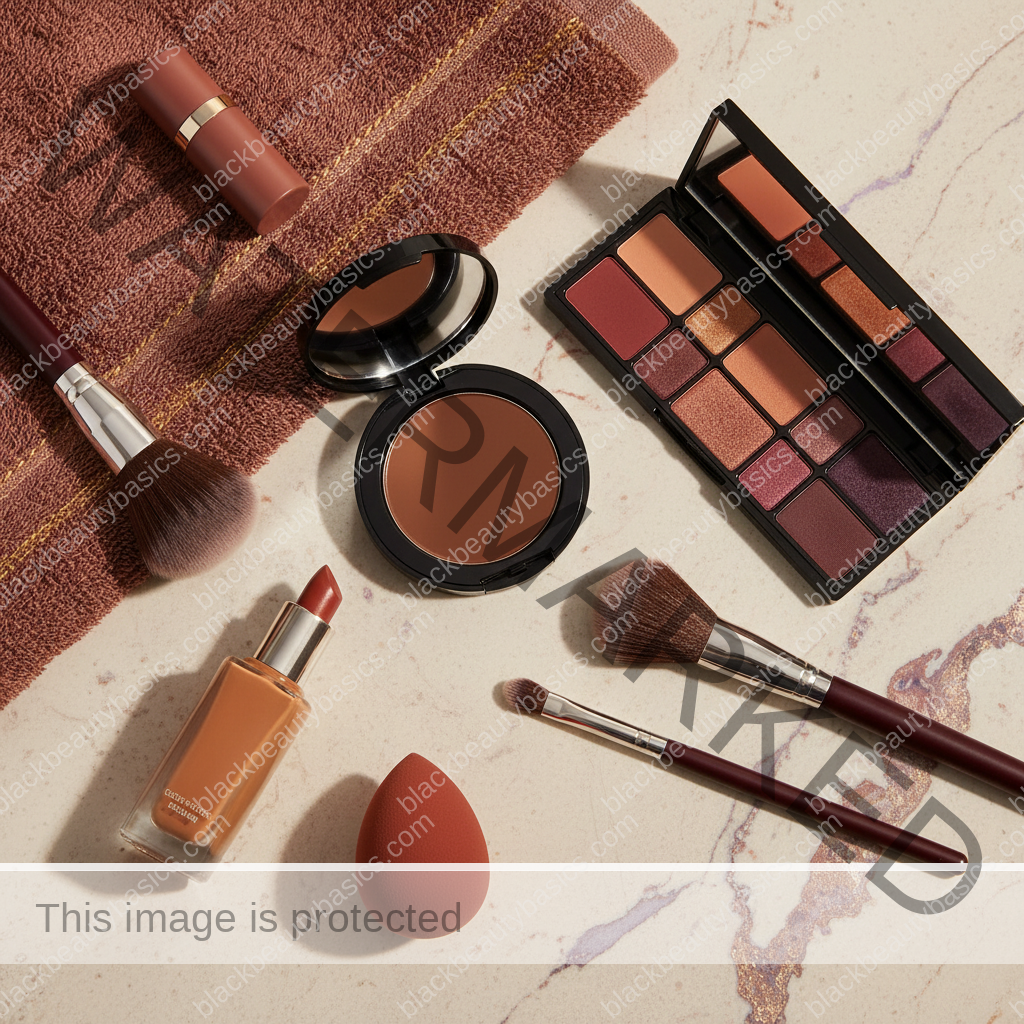 Deep skin makeup essentials for Travel Makeup Bag for Black Women With Deep Skin Tones in ivory plum bronze and soft gold tones